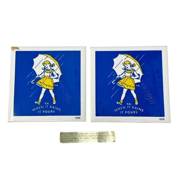 Vintage Morton Salt Trivet Coasters 1956 Girl "When It Rains It Pours" Set Of 2 - Picture 1 of 6